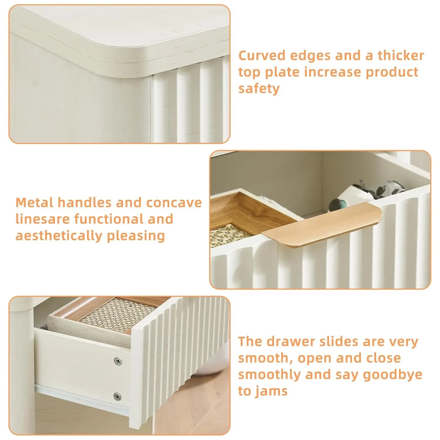 Fluted Nightstand with Charging Station, 23" Wide 1 Drawers End Table,White Night Stand with Open Storage Cabinet, Farmhouse Bed