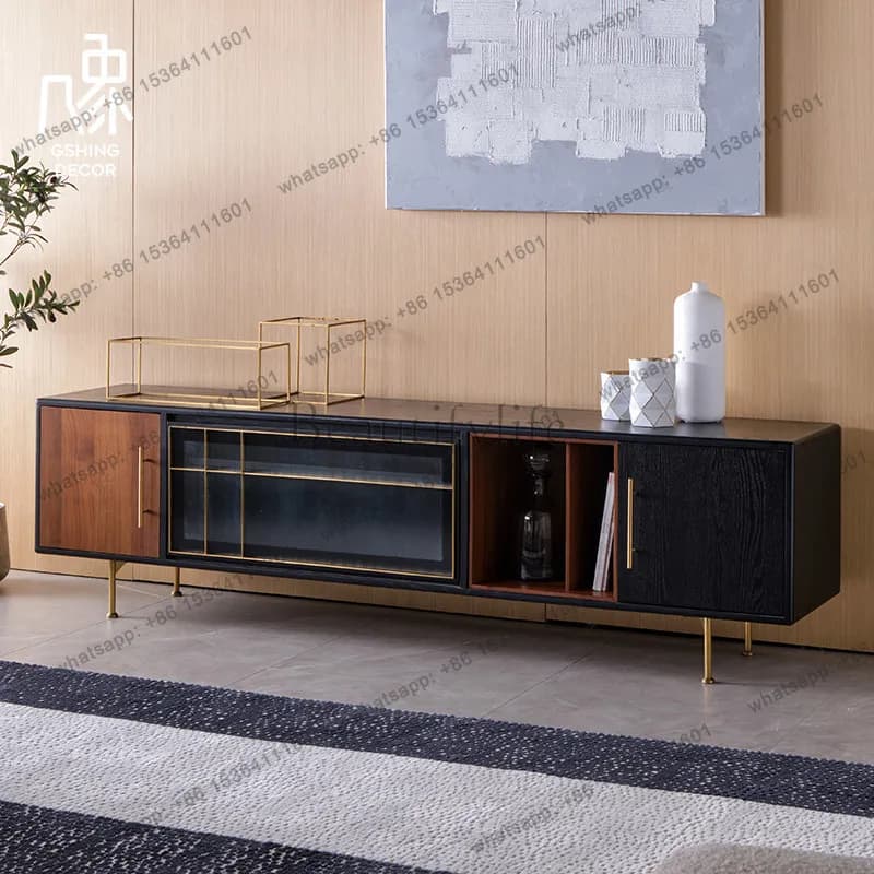 Nordic Italian simple French light luxury post-modern TV cabinet living room black retro solid wood TV cabinet