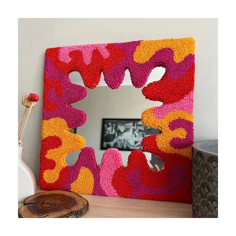 Punching Needle Handmade Portable Makeup Mirror Red Color Wave Decorative Frame Mirror