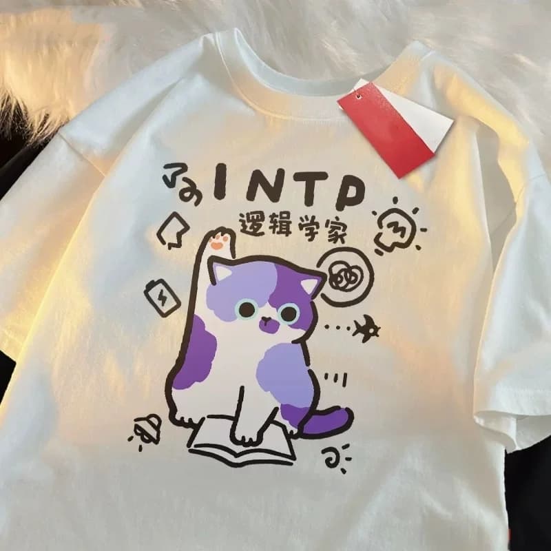 ZAZOMDE Logician Little Cat Cotton Man Womens T-Shirts Cartoons Printing O-Neck Soft Oversize Short Sleeve Summer Womans Clothes