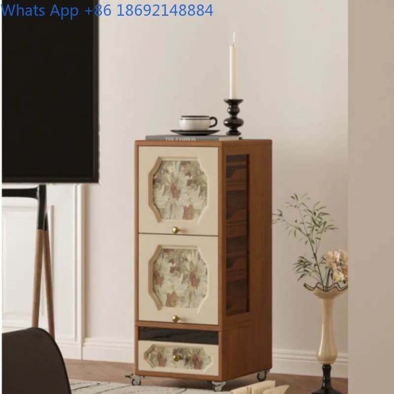 Vintage Printed Tea Set Storage Side Table Living Room Sofa Side Cabinet Corner Table Solid Wood Storage Cabinet