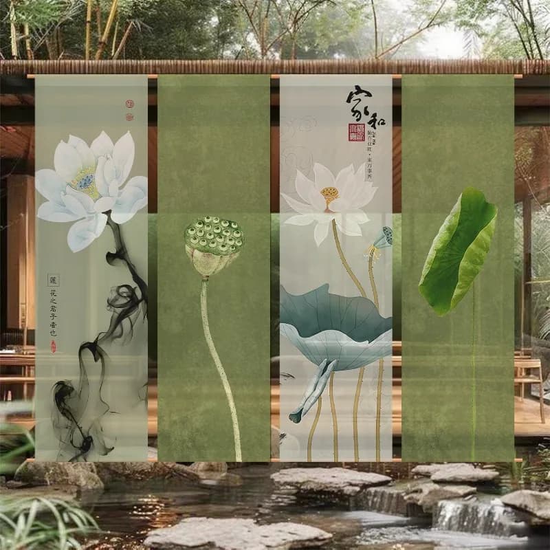 Zen lotus Wall Decor Semi-transparent Tulle gauze curtain for outdoor courtyard tea ceremony Home Entrance Aesthetic Room Decor