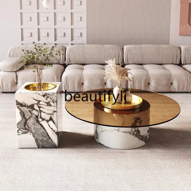 Light Luxury Marble Glass Coffee Table Living Room Round Designer Style Round Coffee Table Combination