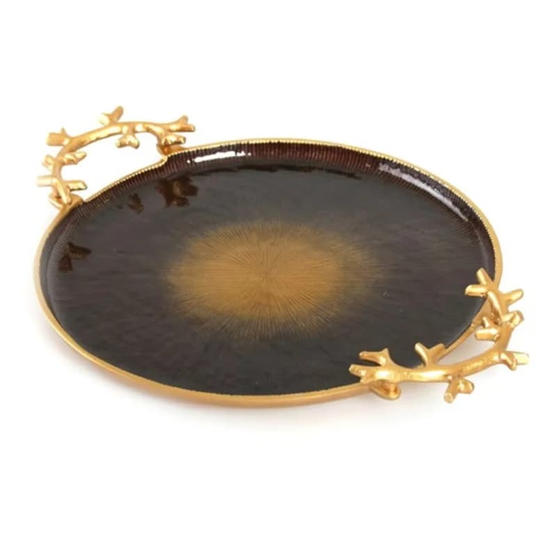Aluminum gold tray set with decorative leaves and pomegranate handle for rectangular platters for families and parties