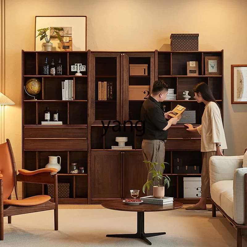 LM black walnut bookcase with glass door home living room open storage compartment solid wood shelf
