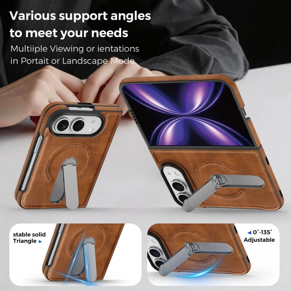 Retro Solid Color Leather Magnetic Charging Folding Phone Case for iPhone Duo with Back Foldable Stand