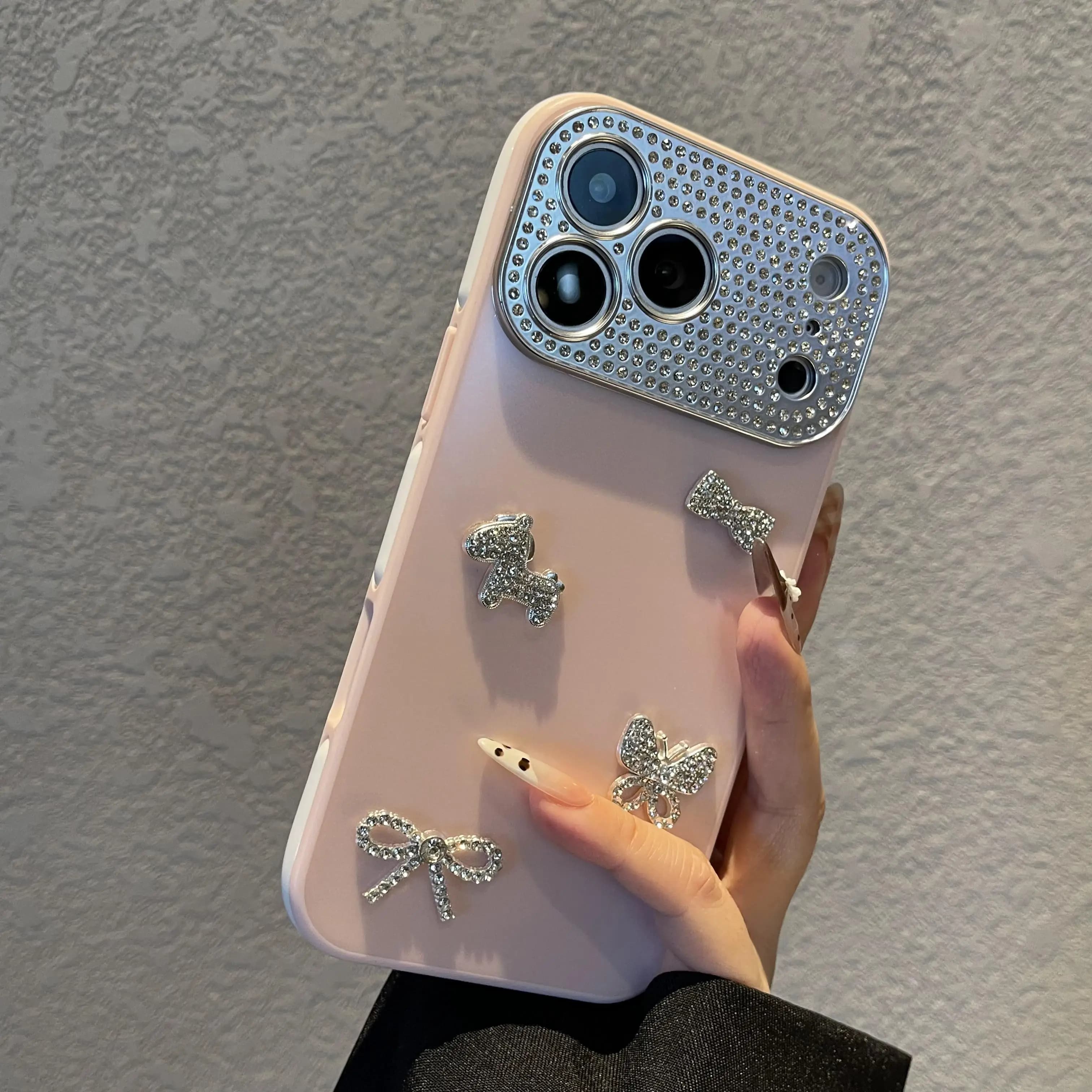 Luxury Glitter 3D Rhinestone Bow Butterfly Phone Case for iPhone 17 Pro Max Skin feel Matte Phone Cover for iPhone 16 15 14 13
