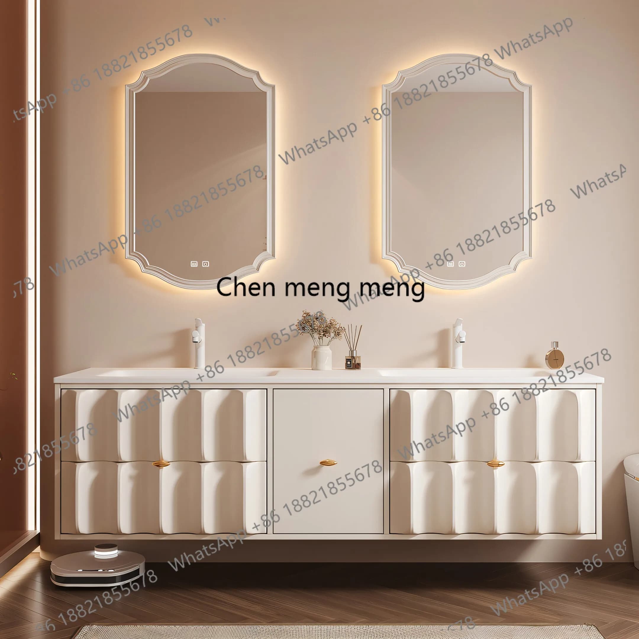 2026 new Corian integrated double basin double faucet cream wind rubber wood enlarged basin bathroom cabinet