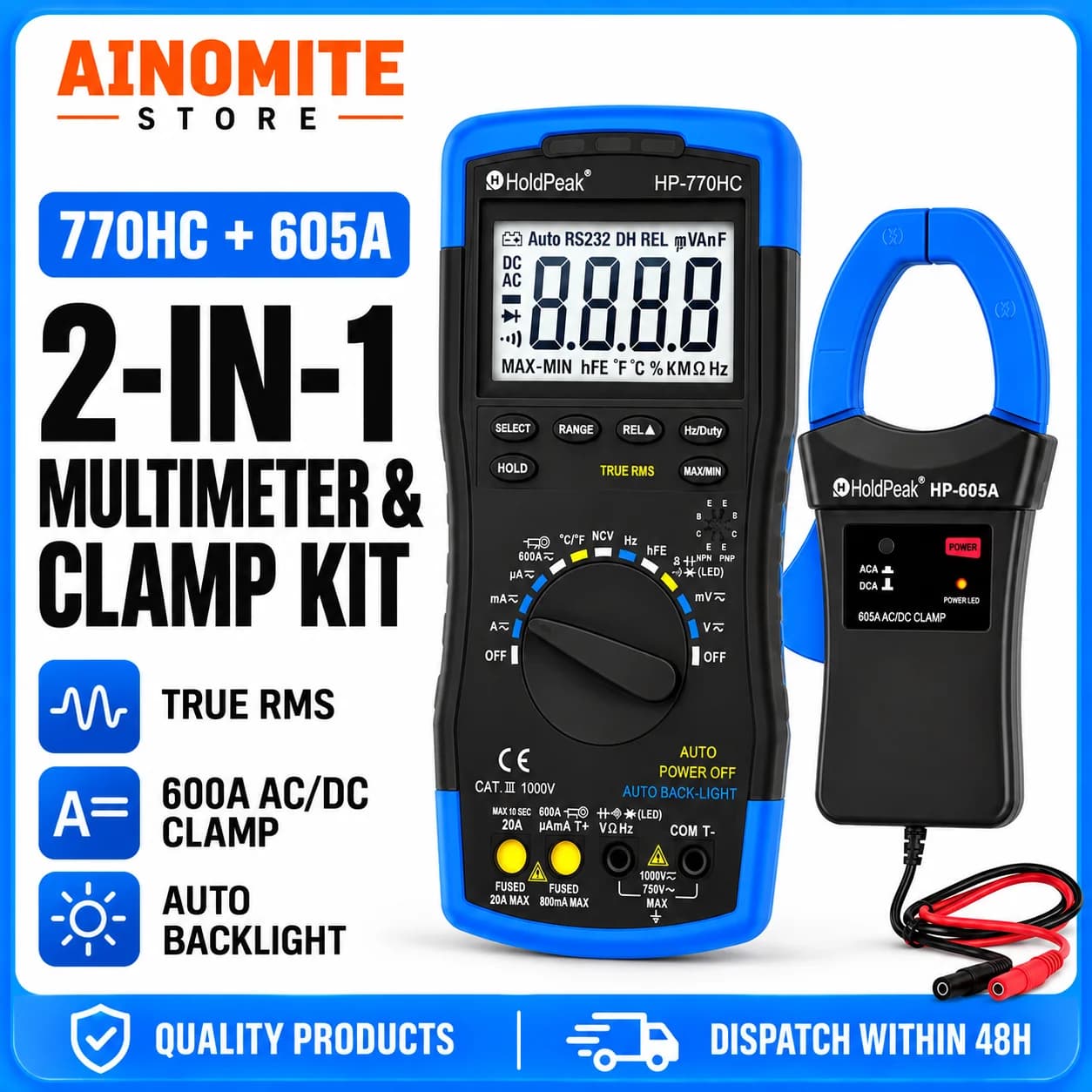TRMS Digital Clamp Meter 600A AC DC, CAT III 1000V Auto Range Multimeter with NCV Backlight for Electrician HVAC Industrial