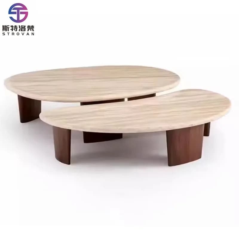 Solid Wood Legs Center Table Modern Irregular Travertine Top Coffee Table for  Living Room Luxury
