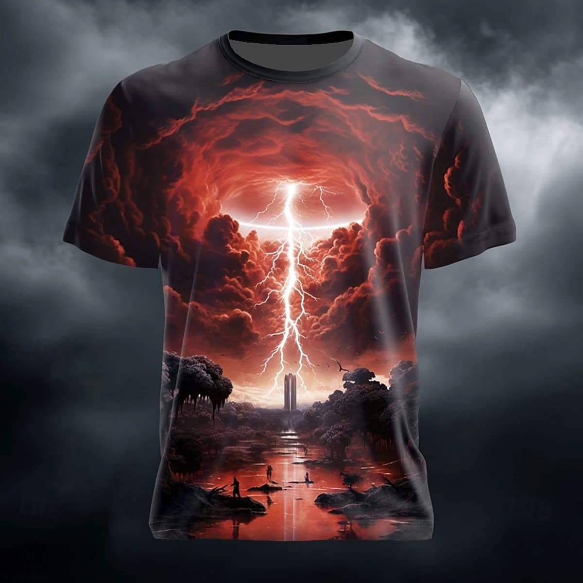 Thunder Lightning Dark Fantasy All Over Print T-Shirt, Red Storm Cloud Mystic Landscape Graphic Short Sleeve Tee For Men