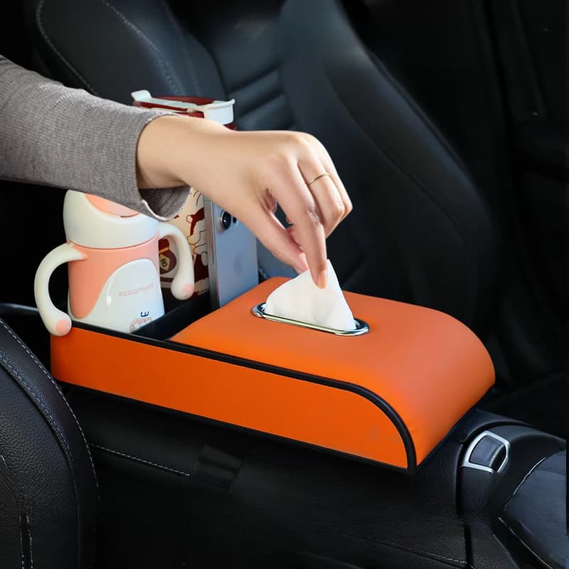 Car Armrest Tissue Box Holder Leather Auo Arm Rest Cup Storage Box Phone Pocket Interior Accessories Seat Middle Organizer