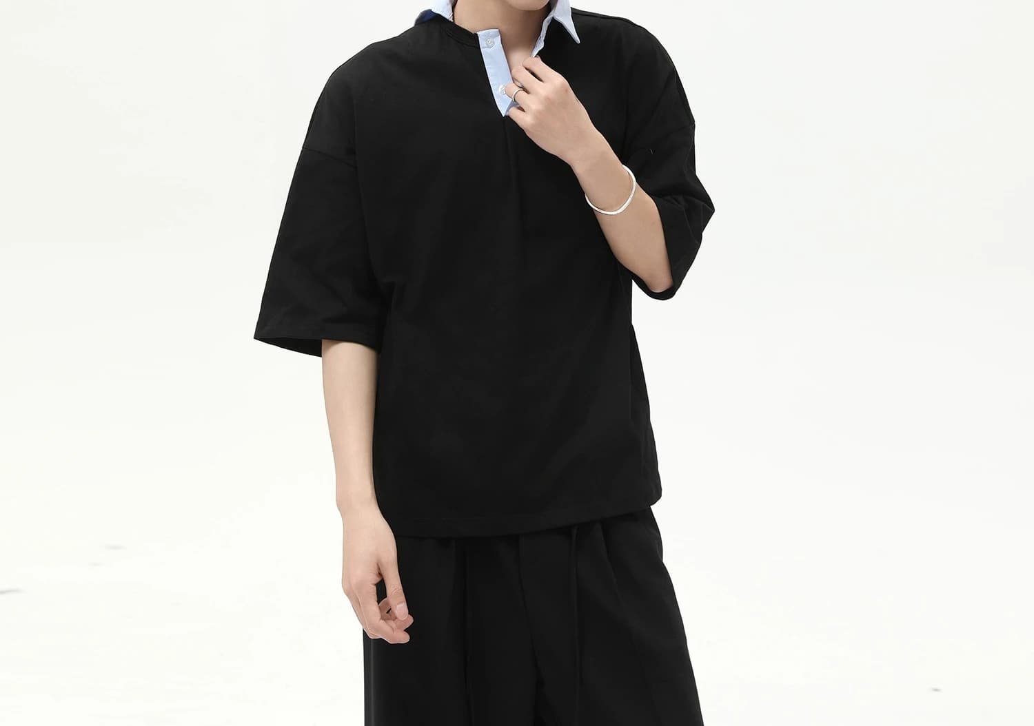Men's Asymmetric Collar Contrasting Color Personalized Design Lapel Pure Cotton Casual Short Sleeves