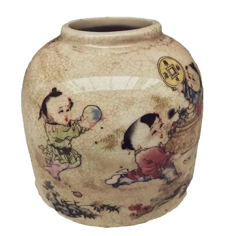 Pastel Lucky Boy Pattern Chinese Old Porcelain Storage Jar Vintage Collection Vase for Home Decor