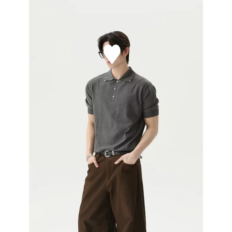 2026 New Summer Men's American Vintage Knitted Short Sleeve Polo Shirt Unique Design Luxury Minimalist Versatile Casual Tops