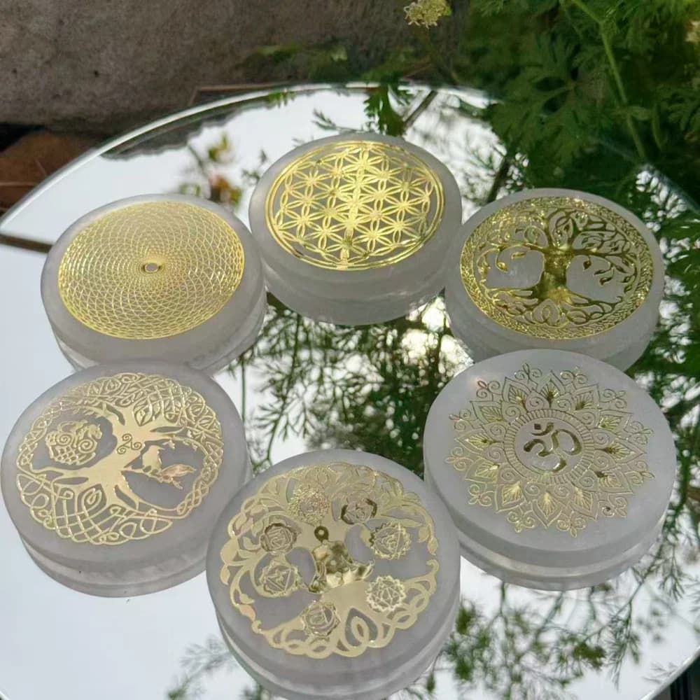 Natural Selenite Charging Plate with Gold Sacred Geometry Tree of Life Om Symbol for Crystal Cleansing & Energy Healing