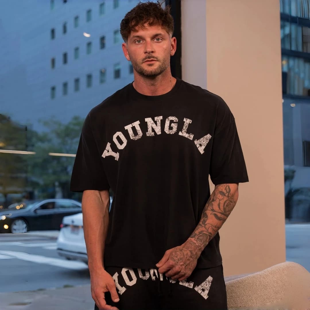 YOUNGLA pure cotton men's T-shirt, outdoor sports and fitness YOUNGLA letter short sleeved fitness suit