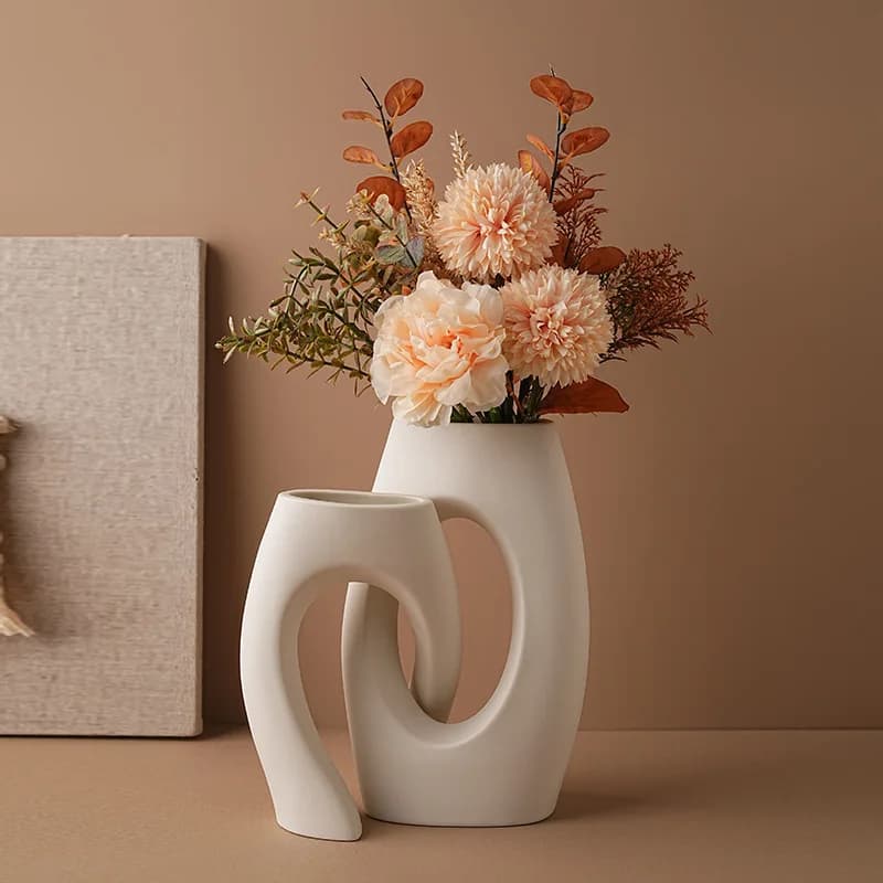 Hollow Out Embrace Ceramic Vase, 2 Irregular Cross Shaped Tubular Vases, Modern Home Decoration, Dining Table Center Decoration