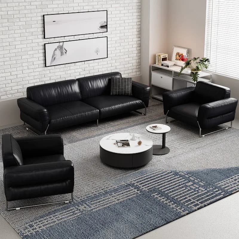 Design sense stainless steel metal leather business meeting office sofa three people