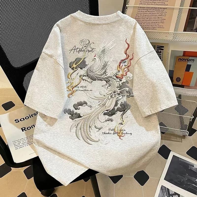 Men Women O‑Neck Short Sleeve T‑Shirt High‑End Commuter Outerwear Phoenix Cloud Faux Embroidery Print Premium Ins Casual Tops