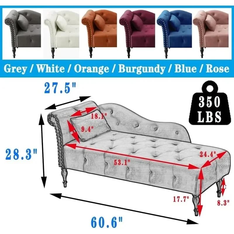 Tufted Velvet Chaise Lounge Chair, Right Arm Facing with Nailhead Trim and One Pillow, Upholstered Indoor Furniture