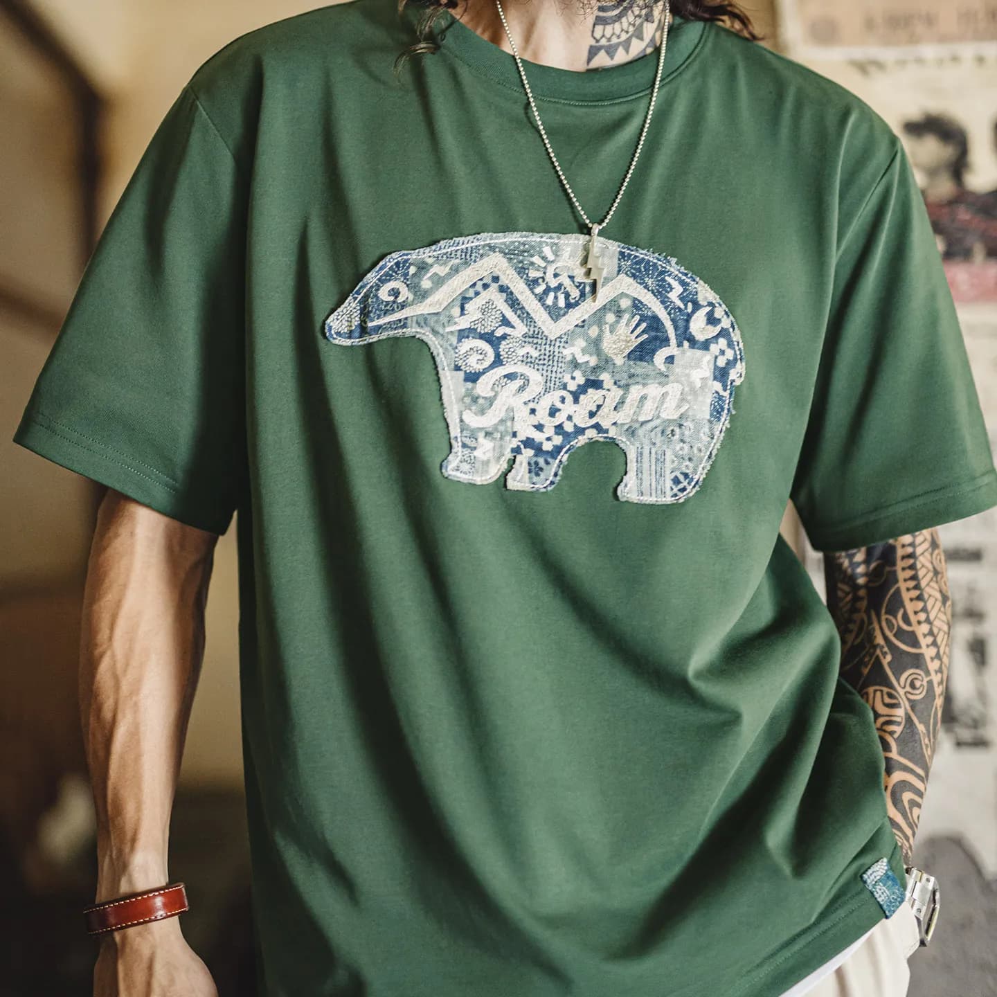 MADEN American Vintage Men's Short Sleeve T-Shirt Green Heritage Patchwork Applique Ethnic Knitted Loose Casual Mens Tee Summer