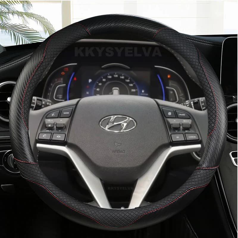 Carbon Fibre Leather Car Steering Wheel Cover Non-Slip 38cm 15" For Hyundai Tucson 3 2015 2016 2017 2018 2019 Auto Accessories