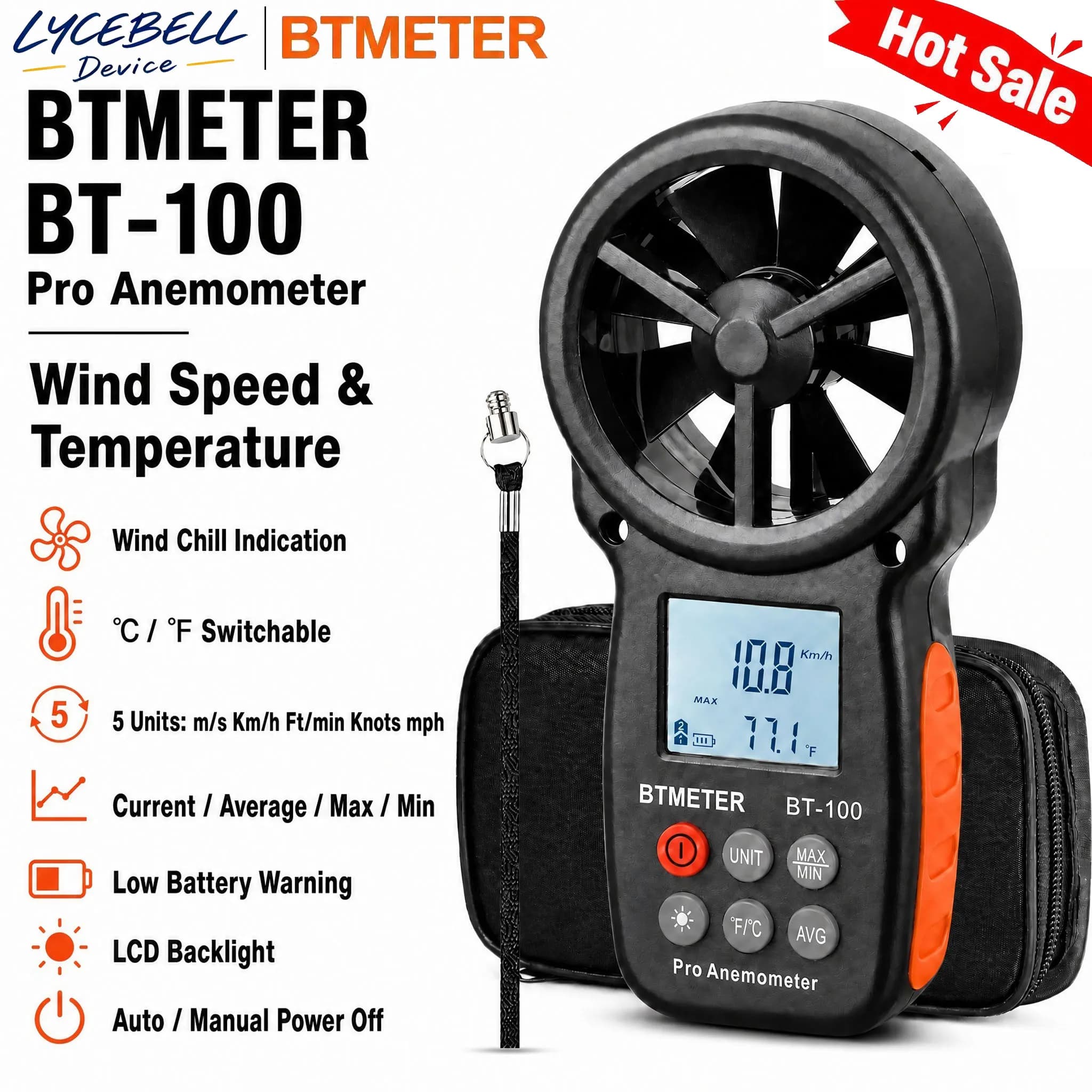 Professional Digital Anemometer BT-100 Handheld Wind Speed Meter Gauge Air Flow Velocity Tester HVAC CFM with Temperature MAX/MI