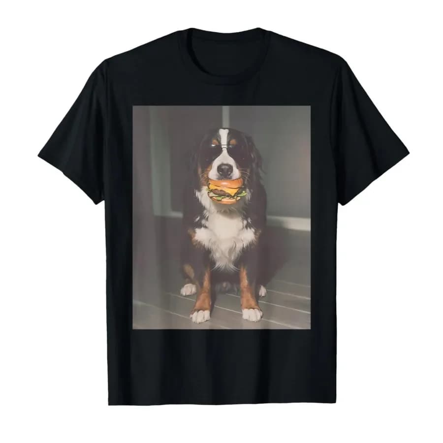 Funny Bernese Mountain Dog Eating Burger Animal Meme Dog Mom T-shirt For Men Women 100% Cotton T Shirts Short Sleeve Tops 0413-3