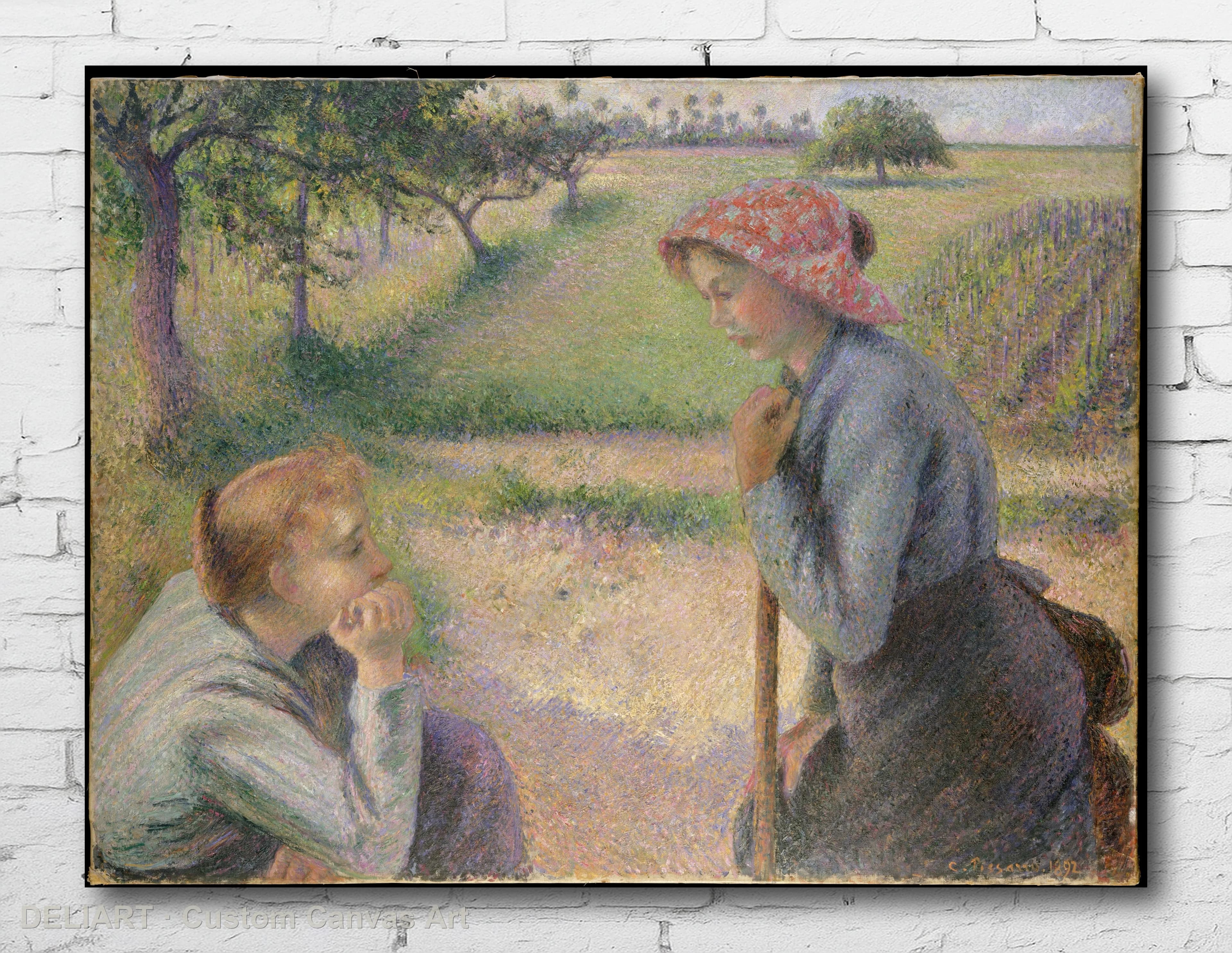 Two Young Peasant Women by Camille Pissarro - Impressionist Fine Art Canvas Wall Art Poster Print Vintage Home Decor Unframed
