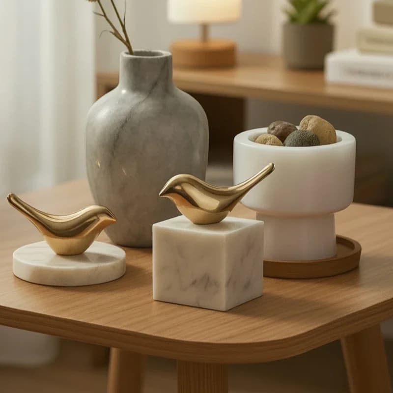Golden Bird Ornament with Solid Stone Base Decorative Marble Figures Bedroom Living Room Home Decoration