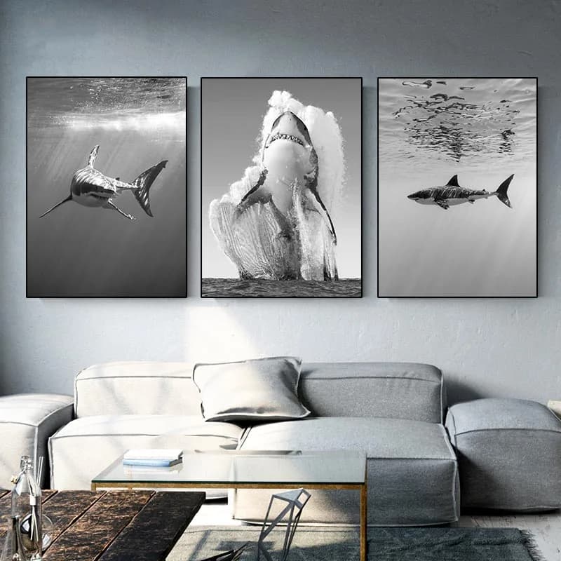 Animal Canvas Painting Black White Wall Art Shark Poster and Prints Monochrome Nature Painting Picture Home Decor Mural Unframed
