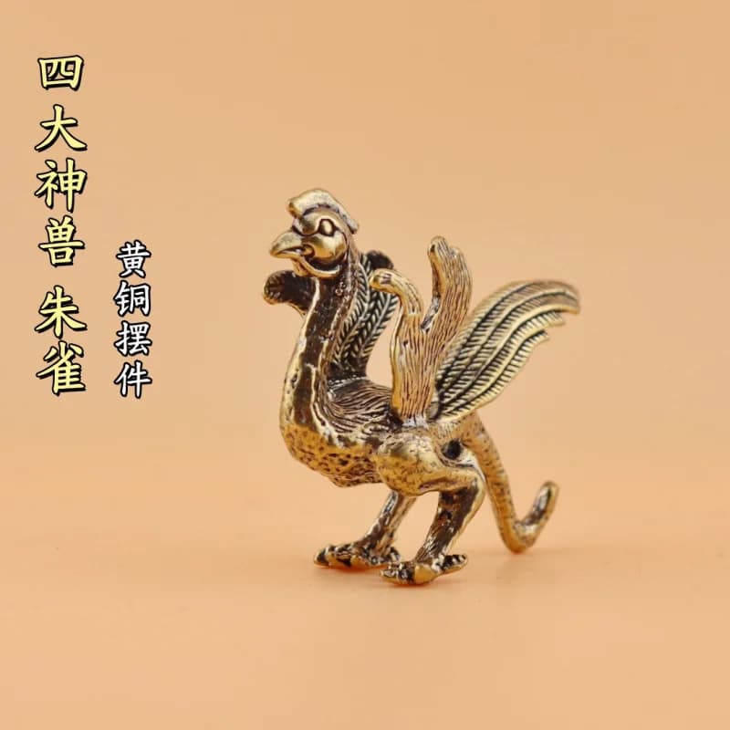 Pure Brass Four Mythical Beasts Suzaku Vintage Antique Home Decor Office Desk Tea Pet Craft Ornament
