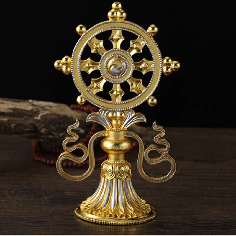 Alloy Golden Dharma Wheel Statue Tibetan Buddhism Dharmachakra Seven Royal Treasures Home Worship Ritual Supply Collectible