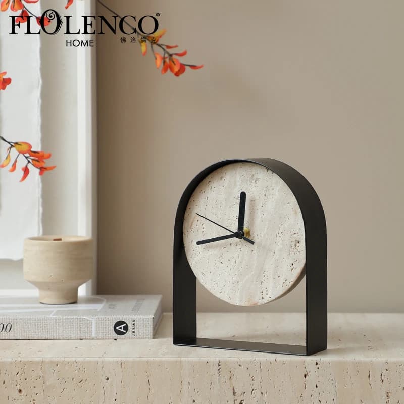 Florenco Nordic Travertine Round Table Clock Soft Home and Office Decor with Metal Frame for Desktop Decorations