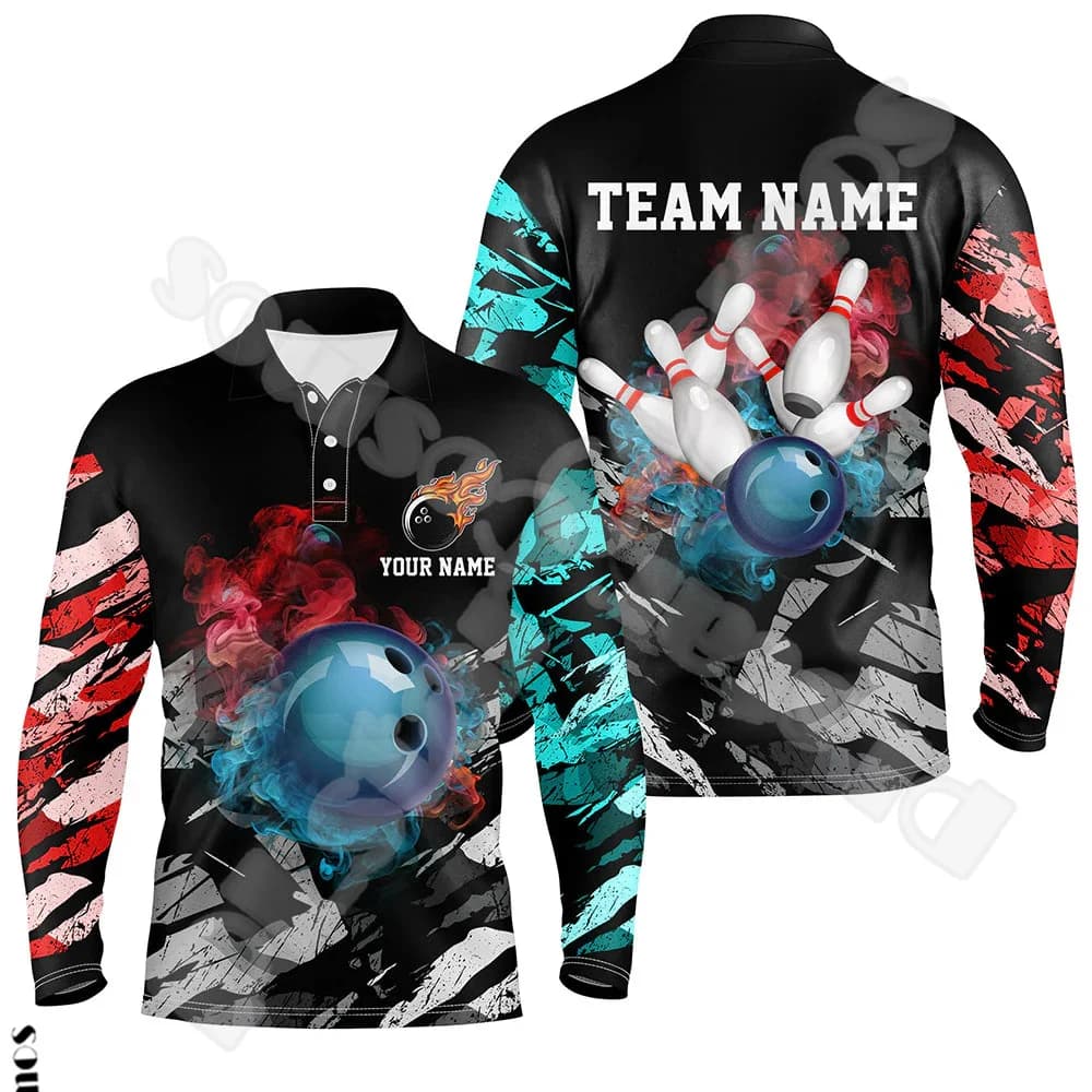 Custom Name Strike Bowling Player Flame Graffiti Tattoo Retro 3DPrint Harajuku Unisex Long Sleeves Polo Jersey Collar Shirts X7