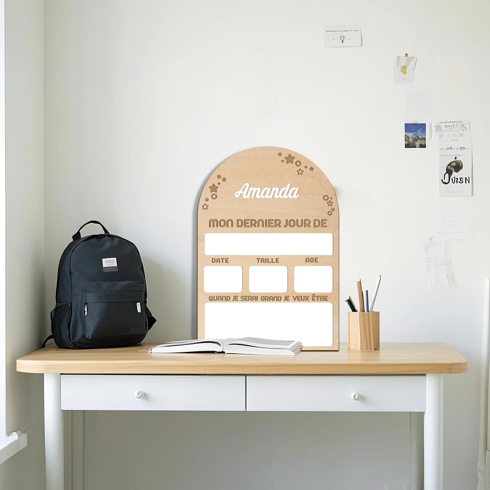 French School Memory Board - Personalized "Mon Premier Jour" & "Mon Dernier Jour" 26x18cm Wooden Sign, Custom Name Like Amanda