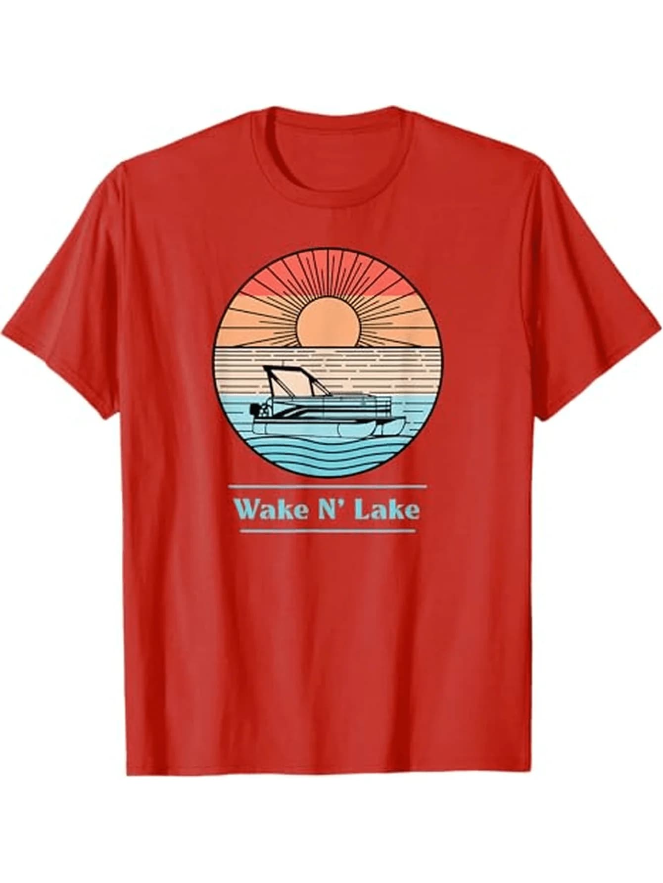 Funny Pontoon Retro Wake N' Lake Lovers pattern design-100% cotton short-sleeve Round Neck printed men's T-shirt.