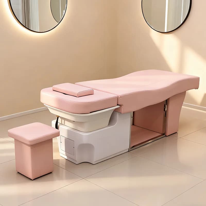 Modern Beauty Shop Furniture pink Washing Bed Luxury Thai Lay Down Barbershop Head Therapy Shampoo Bed with Steamer