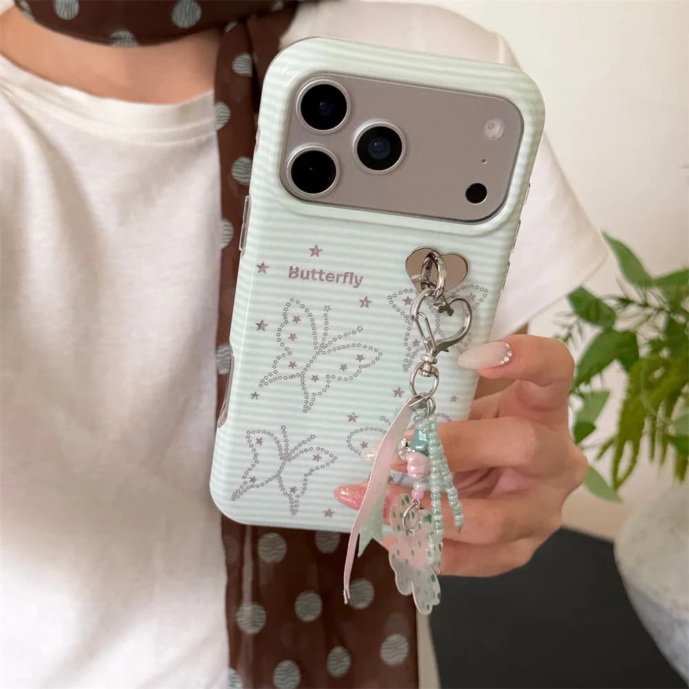 Y2K Aesthetic Butterfly Phone Case For iPhone 17 Pro Max 16 15 Pro Max Mint Green Striped Rhinestone Cute Shockproof Cover