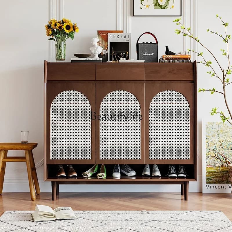 02Nordic solid wood rattan shoe cabinet ultra-thin storage Japanese large-capacity entrance cabinet