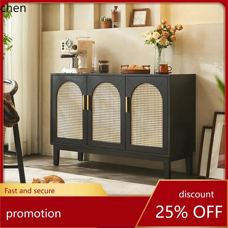 HT Vintage Rattan Sideboard Living Room Tea Cabinet Storage Wabi-Sabi Style Entrance Hallway Cabinet