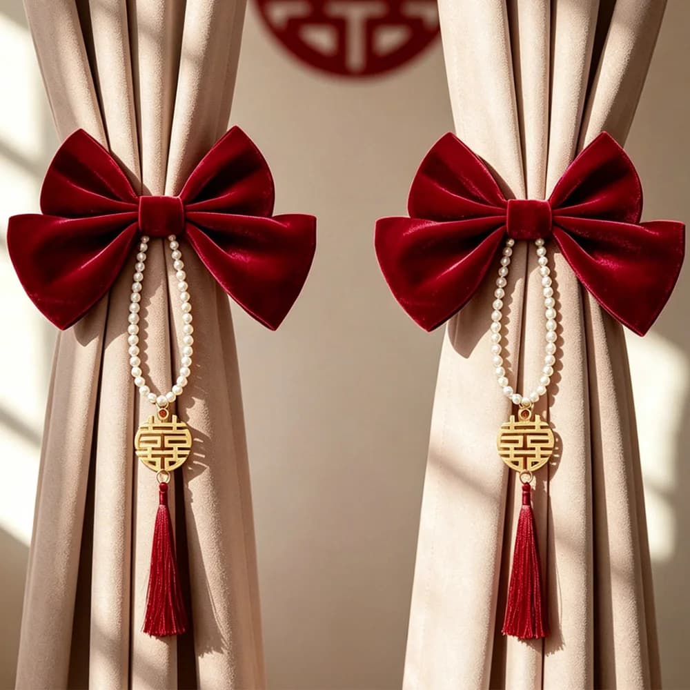 Wedding Red Velvet Bow Curtain Straps Adjustable Red Window Curtain Holders Romantic Tassels Curtain Tieback Atmosphere Decor