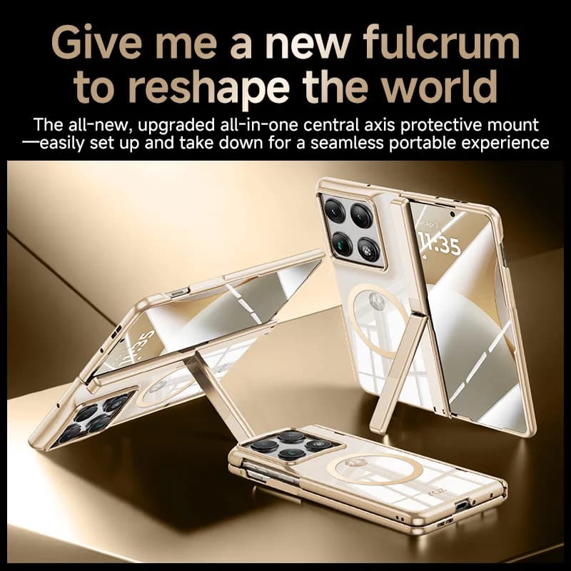 Glossy Electroplated Transparent Plastic Case For Motorola RAZR Fold Kickstand Holder Hinge Cover HD Anti-Spy 9H Glass Protector
