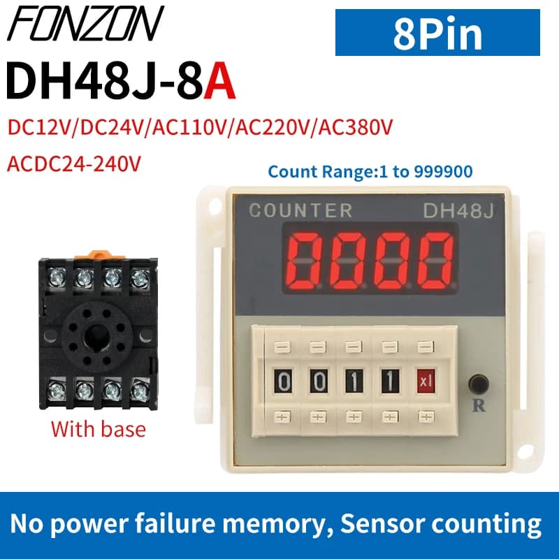 DH48J-8A Counter Relay DC12 24V AC110220V Electronic Preset Digital Display Relay 8 Pin NPN Sensor Count Acyclic With Base