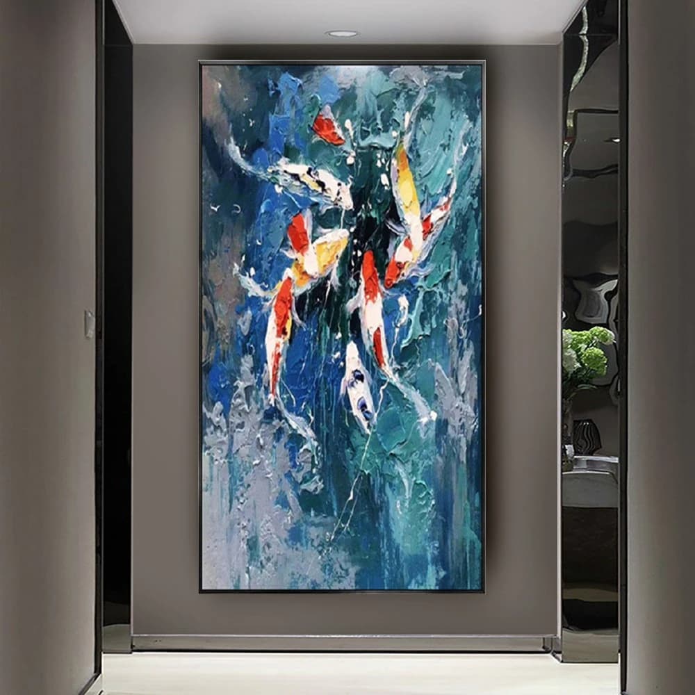 Handmade Abstract Oil Painting 'Luck Fish' Nature Theme Blue Color Thick Texture Wall Art Canvas Decor for Living Room