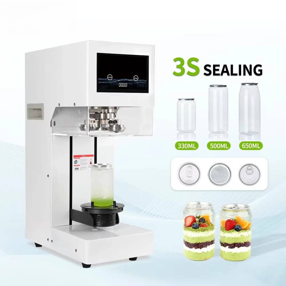Fully Automatic Stainless Steel Eco-Friendly Soda Plastic & Paper Can Boba Tea Beverage Sealer Machine Custom Screen Sealing
