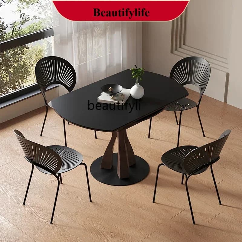 D178   Black walnut retractable round retro square and round dual-purpose solid wood rock slab dining table