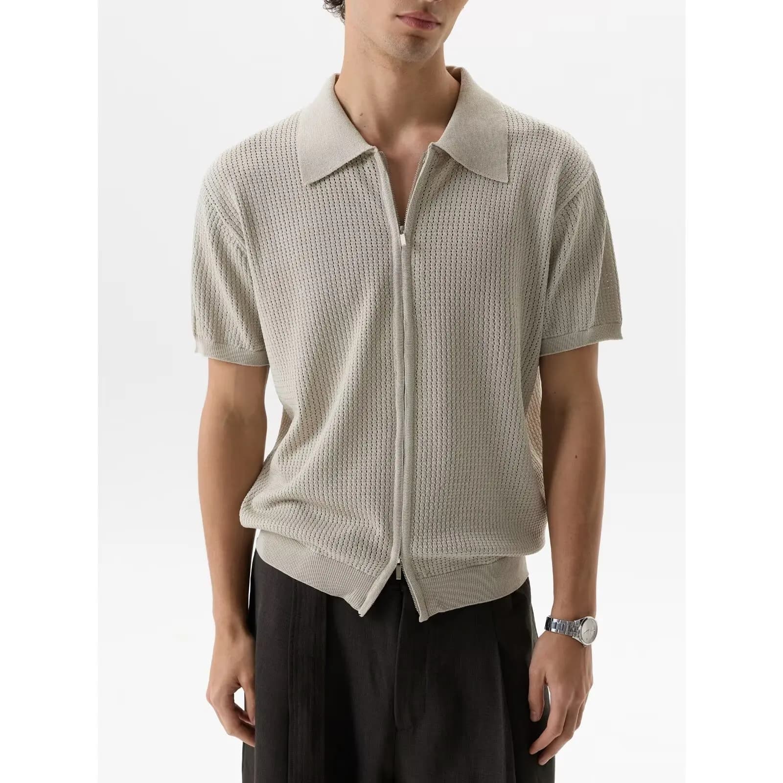 2026 Summer New Men's Knitted Polo Collar High Quality Comfortable Old Money Style Zipper Cardigan Short Sleeve