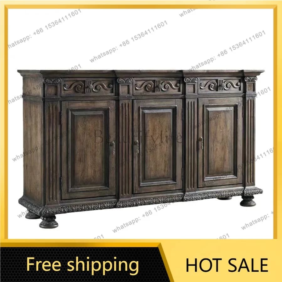 Zj. American country retro old solid wood side cabinet locker European engraving